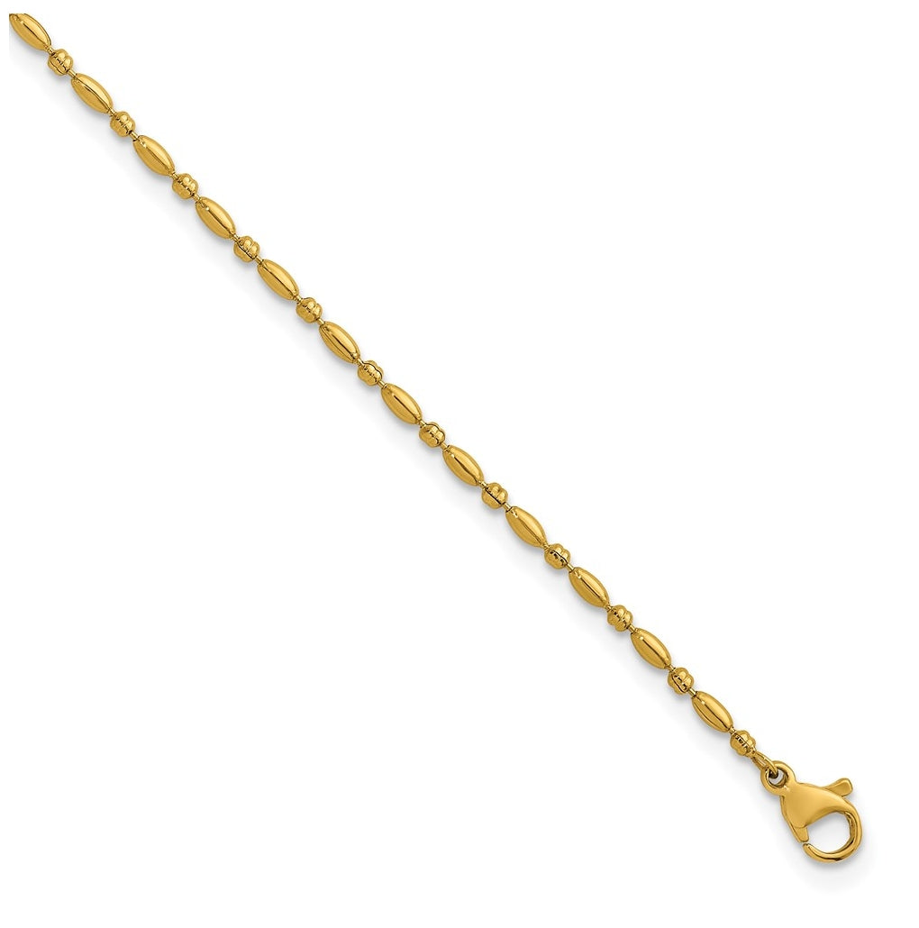 Stainless Steel Polished Yellow IP 2mm Beaded 9in with 2in ext. Anklet – Elegant Jewelry Gift for Birthday, Anniversary, Engagement, Wedding