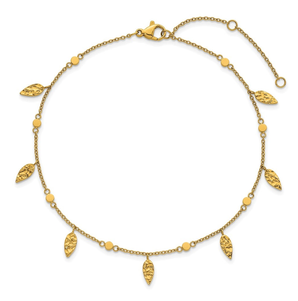 Stainless Steel Polished Yellow IP Textured Leaf 9in with 2in ext. Anklet – Elegant Jewelry Gift for Birthday, Anniversary, Engagement, Wedding
