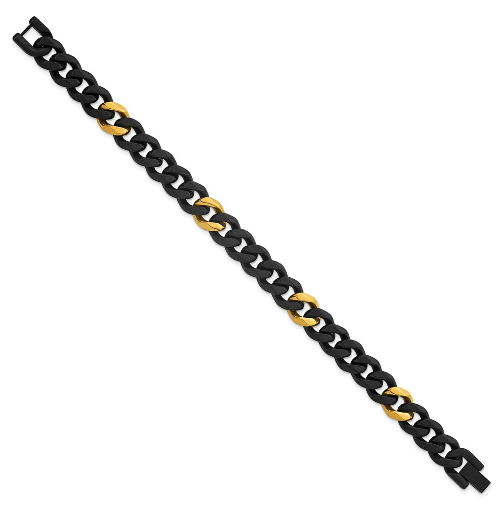 Stainless Steel Brushed/Polished Black/Yellow IP 10.5mm Cuban Link Bracelet – Elegant Jewelry Gift for Birthday, Anniversary, Engagement, Wedding