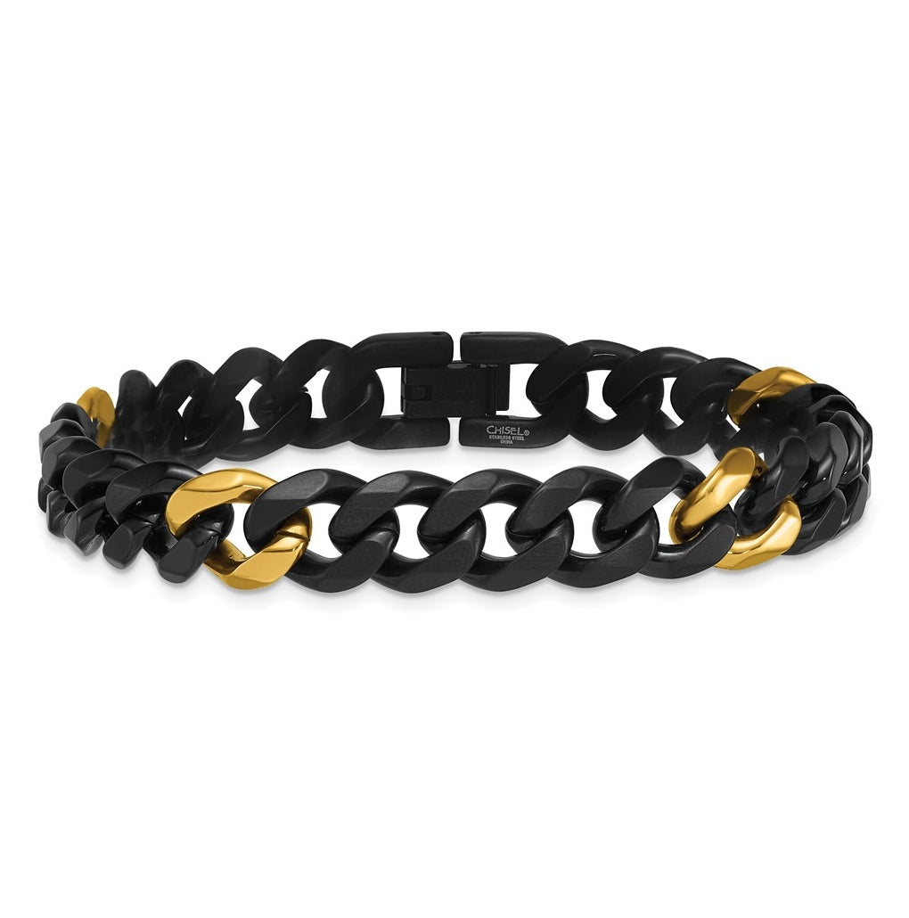 Stainless Steel Brushed/Polished Black/Yellow IP 10.5mm Cuban Link Bracelet – Elegant Jewelry Gift for Birthday, Anniversary, Engagement, Wedding