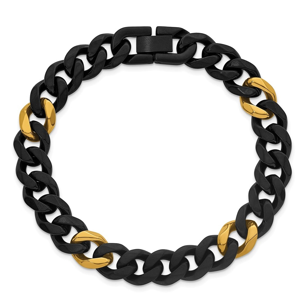 Stainless Steel Brushed/Polished Black/Yellow IP 10.5mm Cuban Link Bracelet – Elegant Jewelry Gift for Birthday, Anniversary, Engagement, Wedding