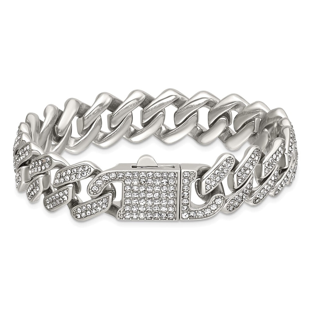 Stainless Steel Polished 15mm Full Crystal Cuban Link 7.75in Bracelet – Elegant Jewelry Gift for Birthday, Anniversary, Engagement, Wedding