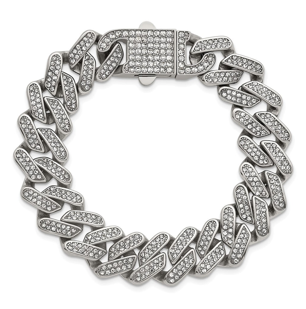 Stainless Steel Polished 15mm Full Crystal Cuban Link 7.75in Bracelet – Elegant Jewelry Gift for Birthday, Anniversary, Engagement, Wedding