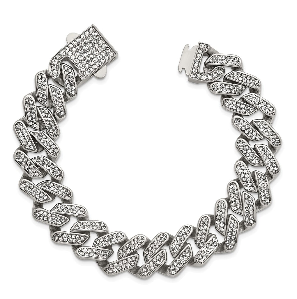 Stainless Steel Polished 15mm Full Crystal Cuban Link 7.75in Bracelet – Elegant Jewelry Gift for Birthday, Anniversary, Engagement, Wedding