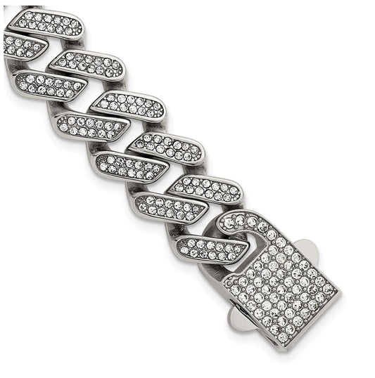 Stainless Steel Polished 15mm Full Crystal Cuban Link 7.75in Bracelet – Elegant Jewelry Gift for Birthday, Anniversary, Engagement, Wedding