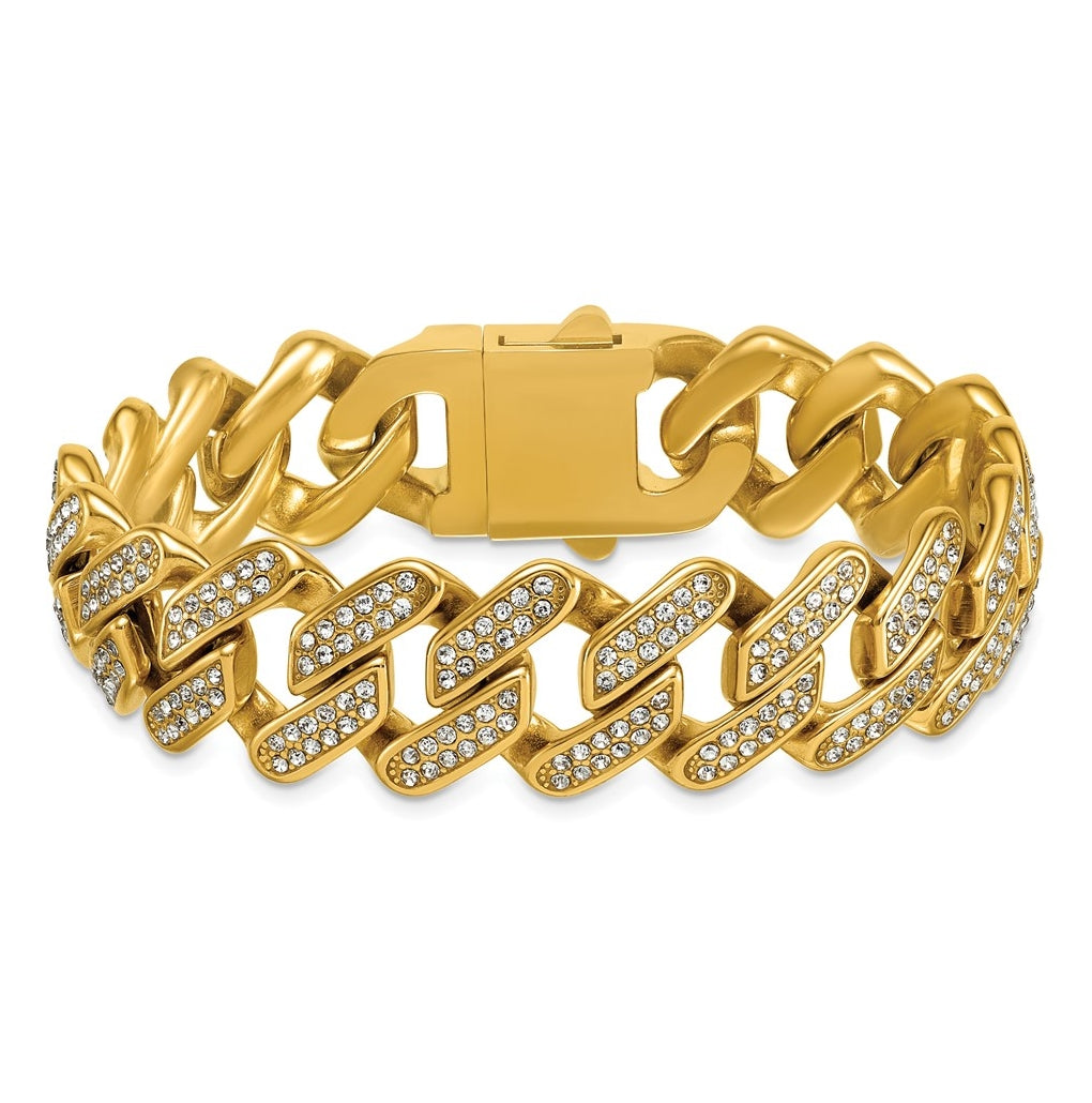 Stainless Steel Polished Yellow IP 19mm Full Crystal Cuban Link Bracelet – Elegant Jewelry Gift for Birthday, Anniversary, Engagement, Wedding