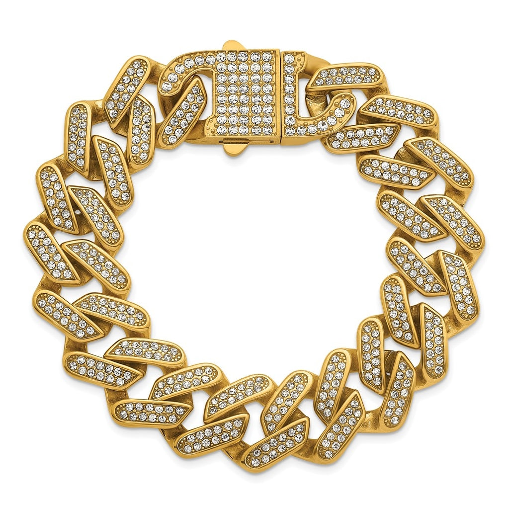 Stainless Steel Polished Yellow IP 19mm Full Crystal Cuban Link Bracelet – Elegant Jewelry Gift for Birthday, Anniversary, Engagement, Wedding