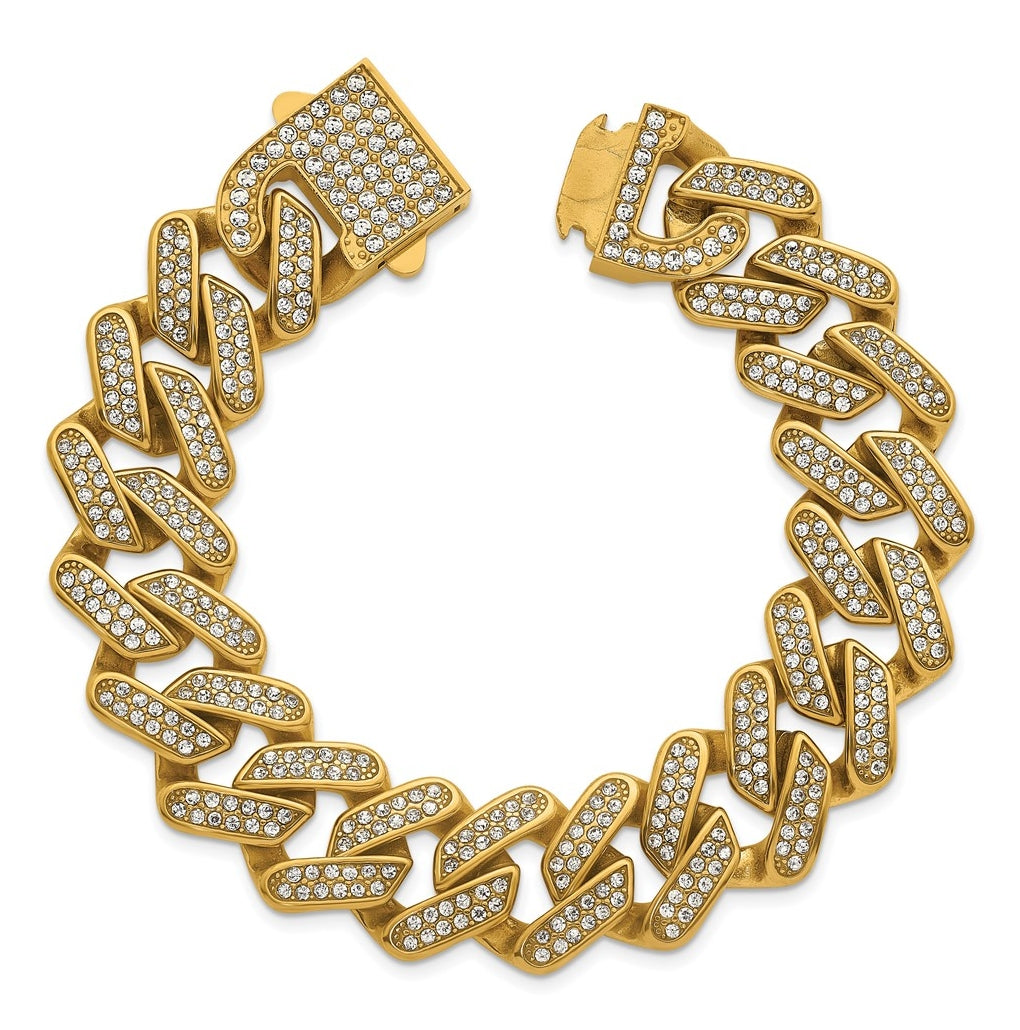 Stainless Steel Polished Yellow IP 19mm Full Crystal Cuban Link Bracelet – Elegant Jewelry Gift for Birthday, Anniversary, Engagement, Wedding