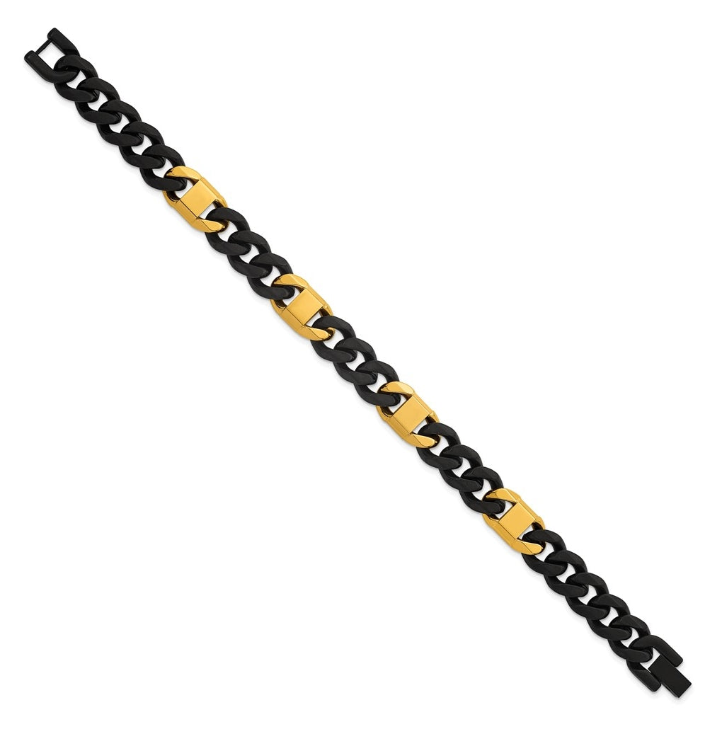 Stainless Steel Brushed/Polished Black/Yellow IP 10.5mm Cuban Link Bracelet – Elegant Jewelry Gift for Birthday, Anniversary, Engagement, Wedding
