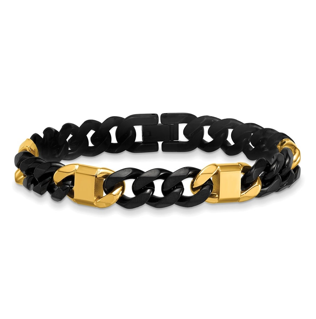 Stainless Steel Brushed/Polished Black/Yellow IP 10.5mm Cuban Link Bracelet – Elegant Jewelry Gift for Birthday, Anniversary, Engagement, Wedding