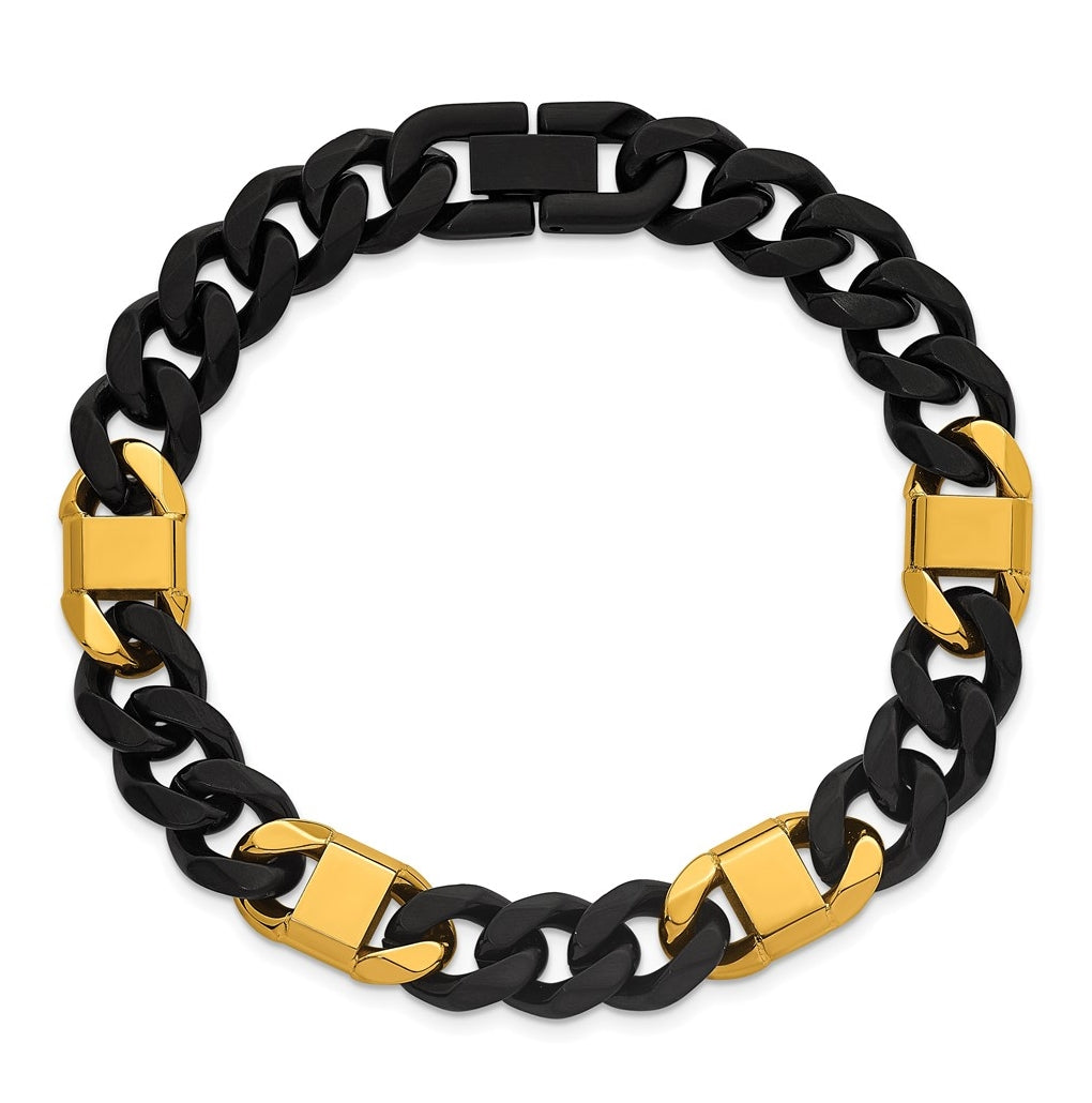 Stainless Steel Brushed/Polished Black/Yellow IP 10.5mm Cuban Link Bracelet – Elegant Jewelry Gift for Birthday, Anniversary, Engagement, Wedding