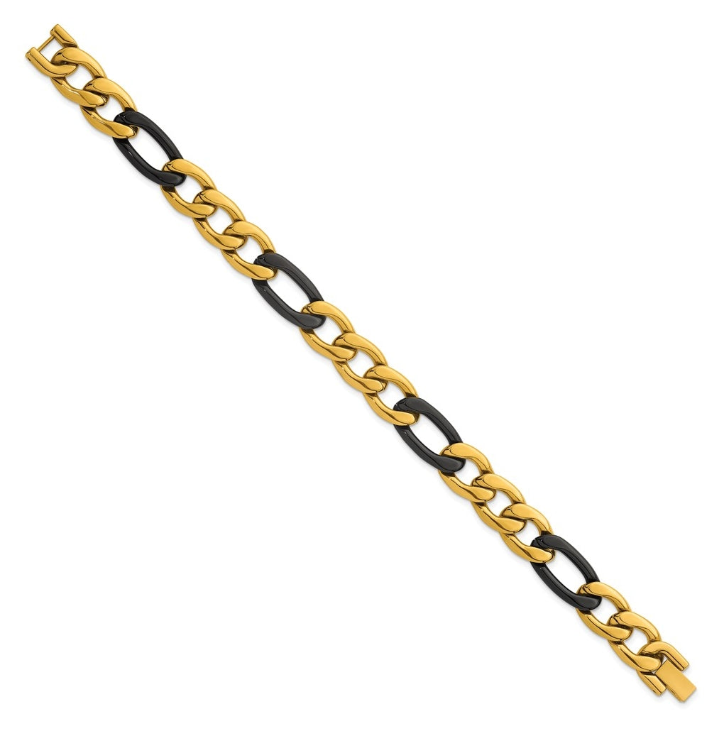 Stainless Steel Polished Black and Yellow IP 11mm Figaro Link 8.5in Bracelet – Elegant Jewelry Gift for Birthday, Anniversary, Engagement, Wedding