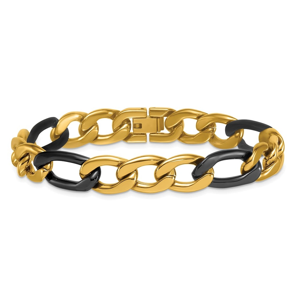 Stainless Steel Polished Black and Yellow IP 11mm Figaro Link 8.5in Bracelet – Elegant Jewelry Gift for Birthday, Anniversary, Engagement, Wedding