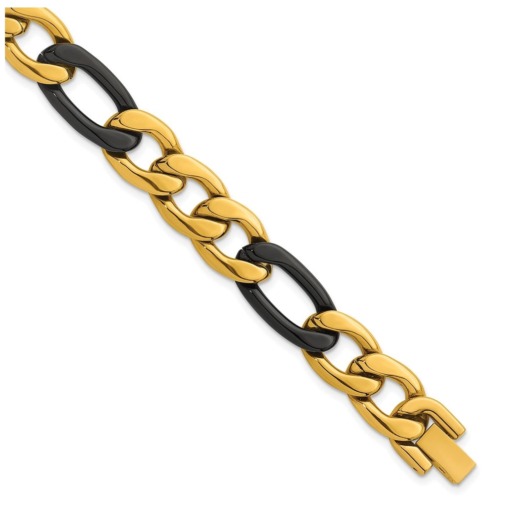 Stainless Steel Polished Black and Yellow IP 11mm Figaro Link 8.5in Bracelet – Elegant Jewelry Gift for Birthday, Anniversary, Engagement, Wedding