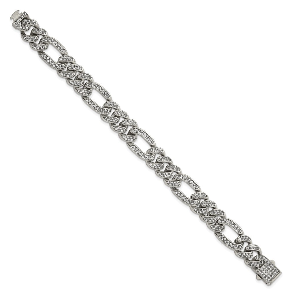 Stainless Steel Polished 12mm Full Crystal Figaro Link 7.25in Bracelet – Elegant Jewelry Gift for Birthday, Anniversary, Engagement, Wedding