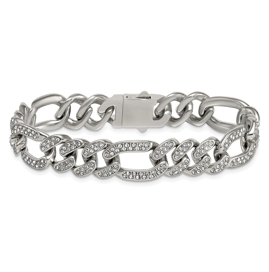 Stainless Steel Polished 12mm Full Crystal Figaro Link 7.25in Bracelet – Elegant Jewelry Gift for Birthday, Anniversary, Engagement, Wedding