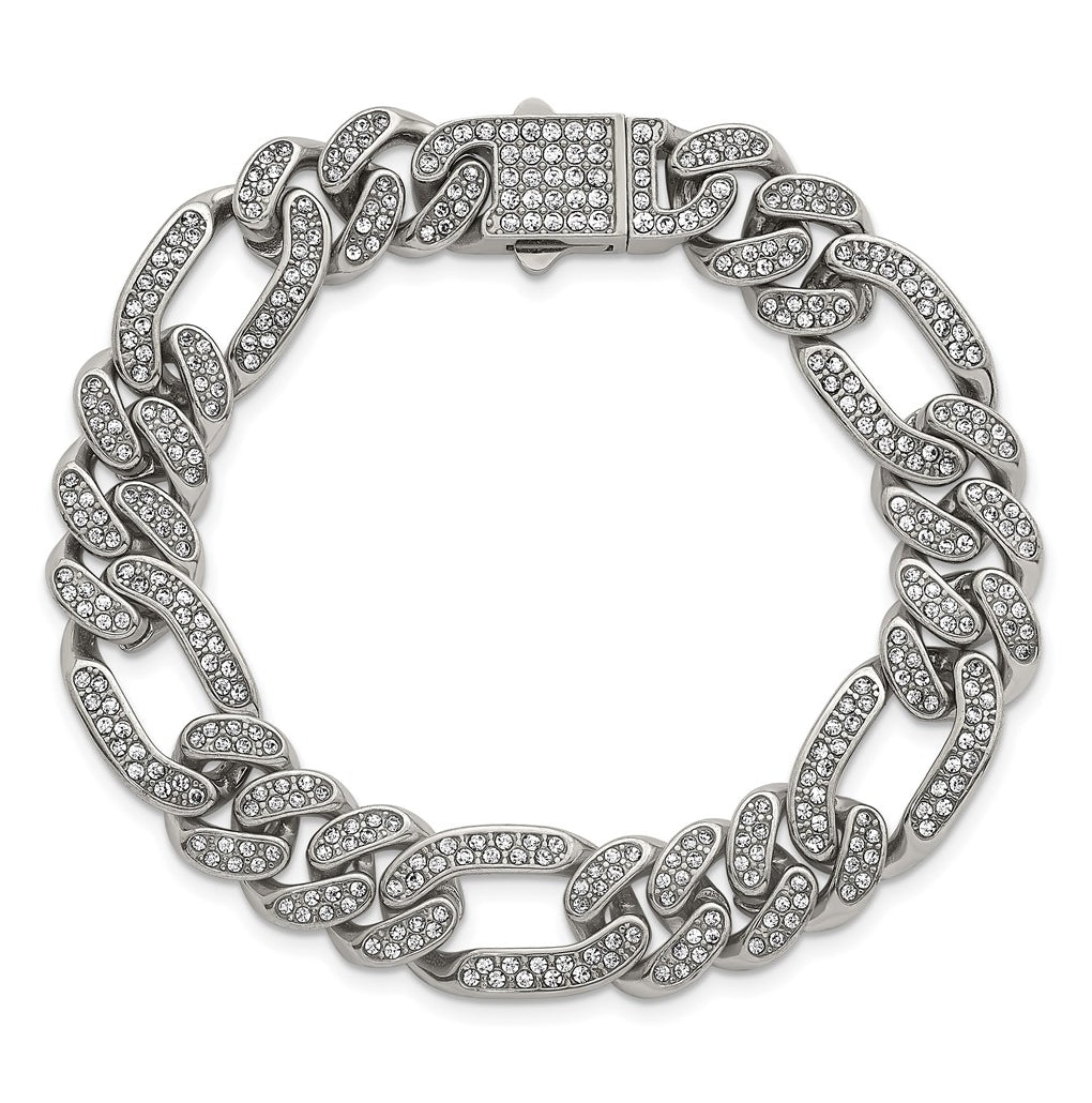Stainless Steel Polished 12mm Full Crystal Figaro Link 7.25in Bracelet – Elegant Jewelry Gift for Birthday, Anniversary, Engagement, Wedding