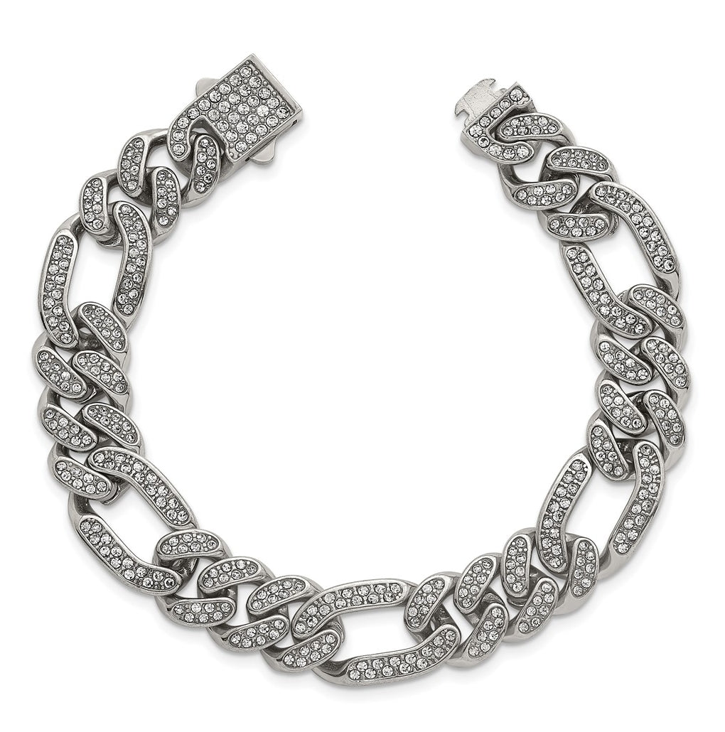 Stainless Steel Polished 12mm Full Crystal Figaro Link 7.25in Bracelet – Elegant Jewelry Gift for Birthday, Anniversary, Engagement, Wedding