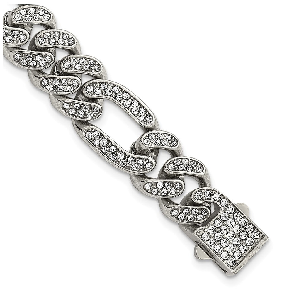 Stainless Steel Polished 12mm Full Crystal Figaro Link 7.25in Bracelet – Elegant Jewelry Gift for Birthday, Anniversary, Engagement, Wedding