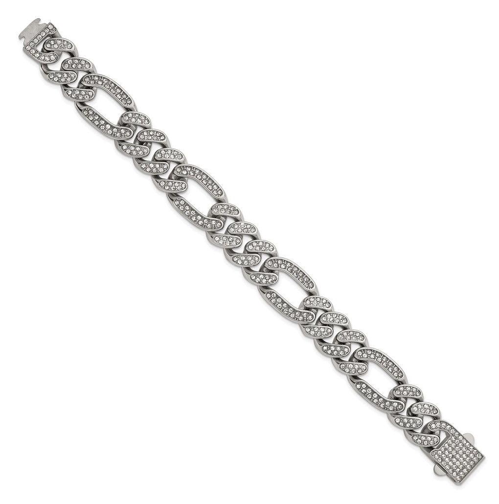 Stainless Steel Polished 16mm Full Crystal Figaro Link 8in Bracelet – Elegant Jewelry Gift for Birthday, Anniversary, Engagement, Wedding