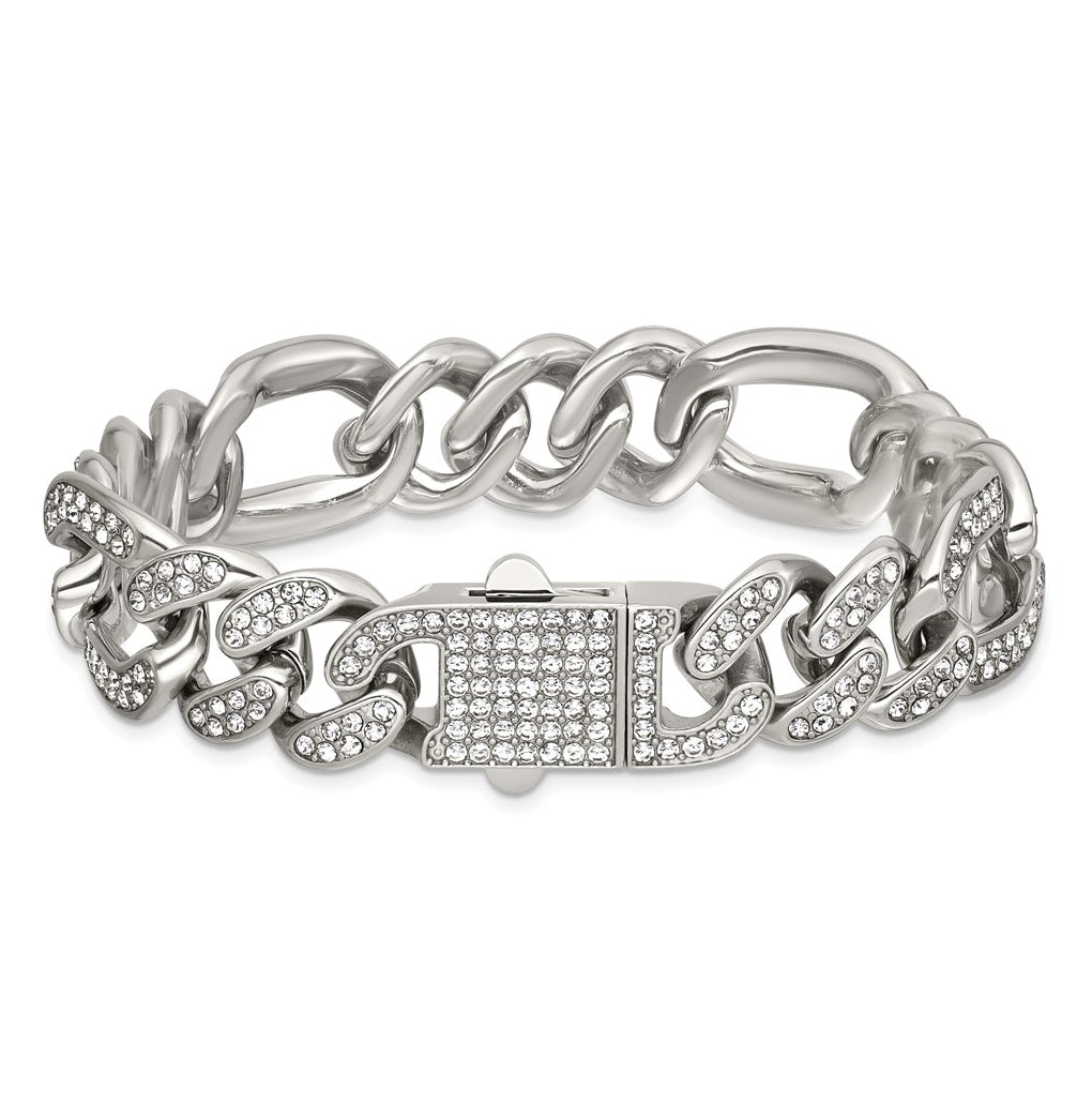 Stainless Steel Polished 16mm Full Crystal Figaro Link 8in Bracelet – Elegant Jewelry Gift for Birthday, Anniversary, Engagement, Wedding