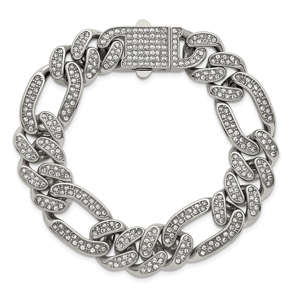 Stainless Steel Polished 16mm Full Crystal Figaro Link 8in Bracelet – Elegant Jewelry Gift for Birthday, Anniversary, Engagement, Wedding