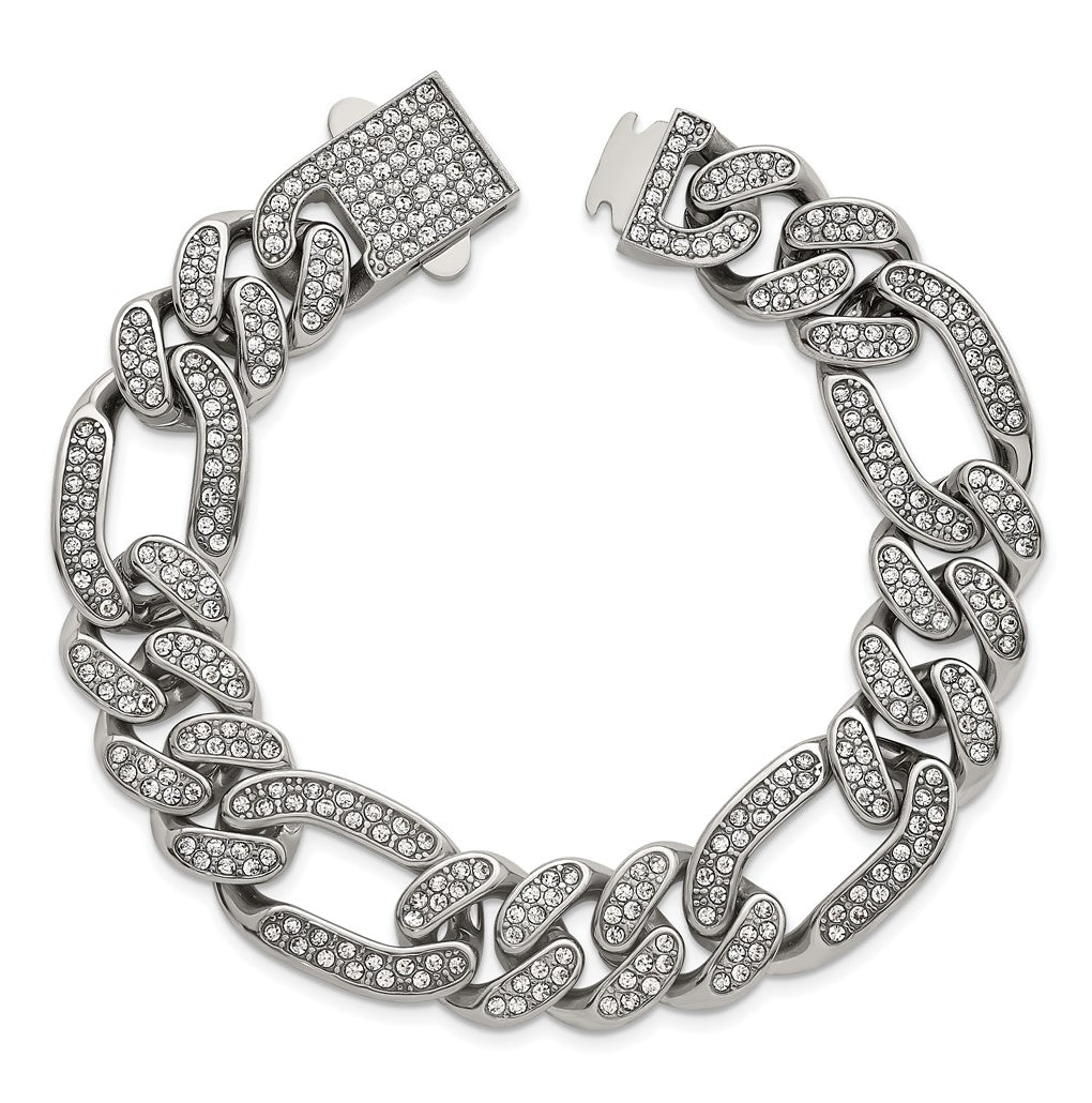 Stainless Steel Polished 16mm Full Crystal Figaro Link 8in Bracelet – Elegant Jewelry Gift for Birthday, Anniversary, Engagement, Wedding