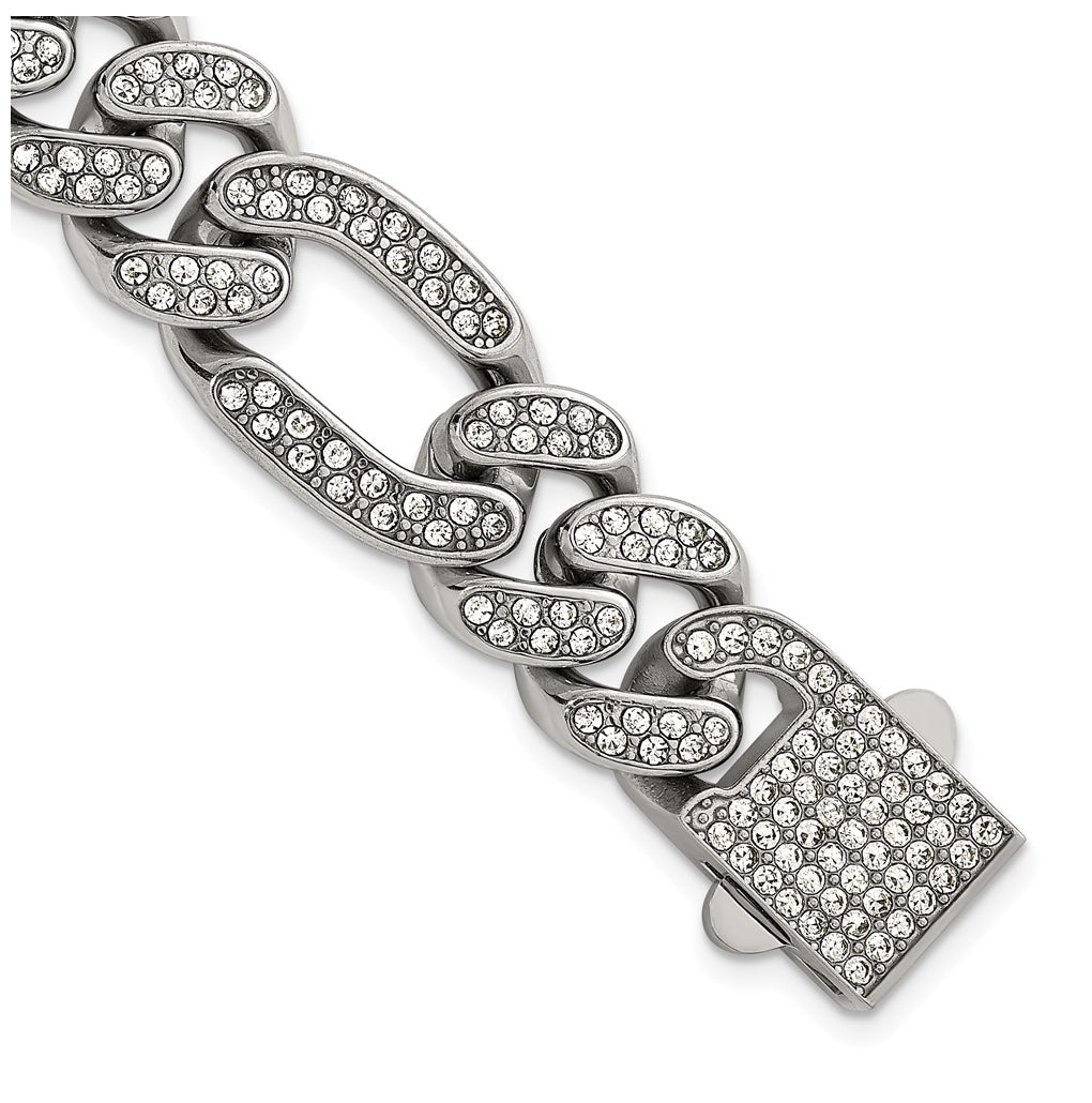 Stainless Steel Polished 16mm Full Crystal Figaro Link 8in Bracelet – Elegant Jewelry Gift for Birthday, Anniversary, Engagement, Wedding
