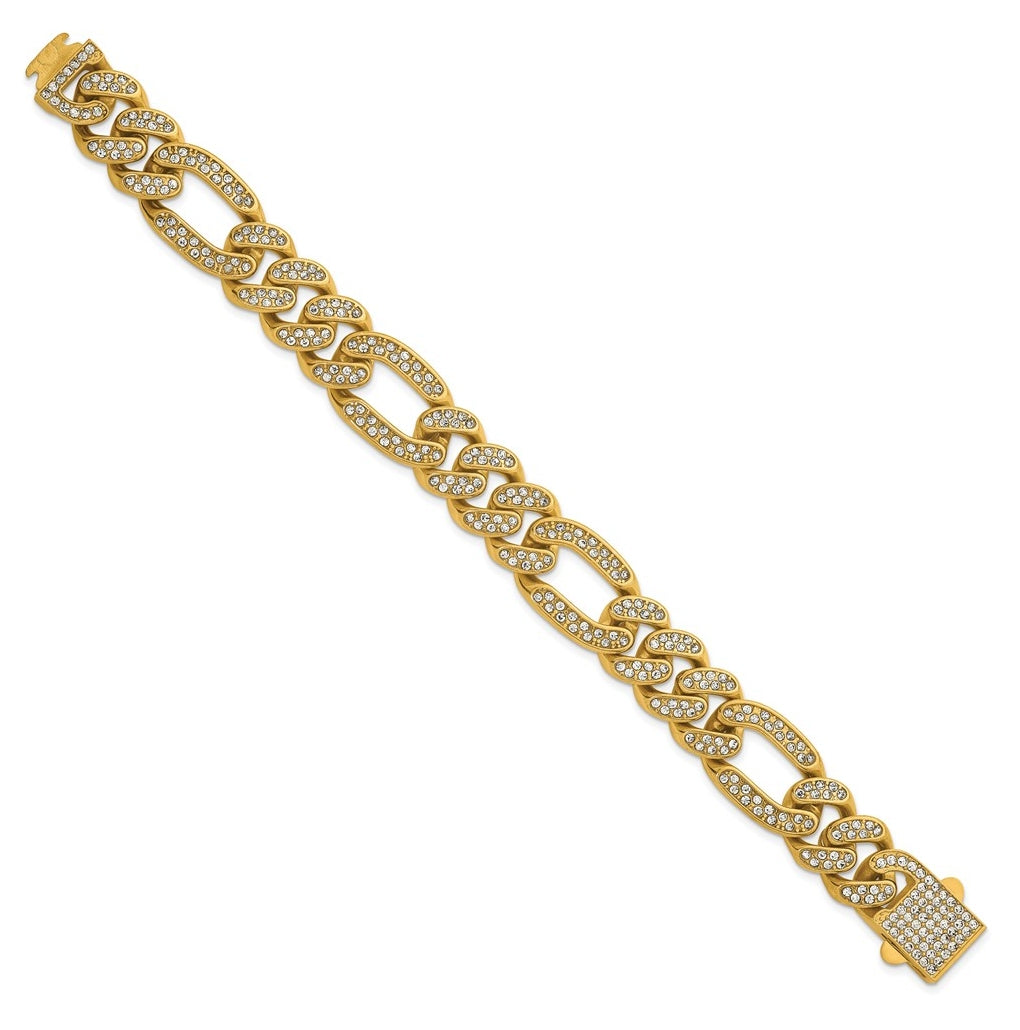 Stainless Steel Polished Yellow IP 16mm Full Crystal Figaro Link Bracelet – Elegant Jewelry Gift for Birthday, Anniversary, Engagement, Wedding