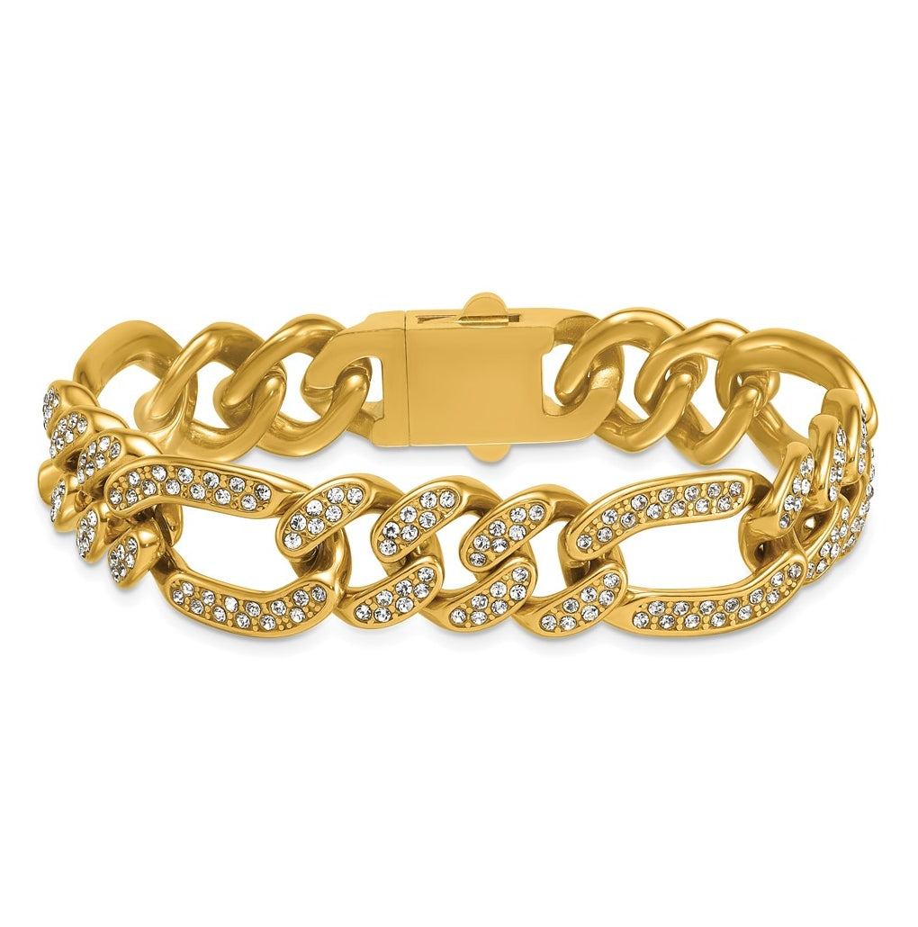 Stainless Steel Polished Yellow IP 16mm Full Crystal Figaro Link Bracelet – Elegant Jewelry Gift for Birthday, Anniversary, Engagement, Wedding