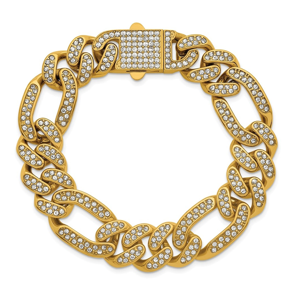 Stainless Steel Polished Yellow IP 16mm Full Crystal Figaro Link Bracelet – Elegant Jewelry Gift for Birthday, Anniversary, Engagement, Wedding