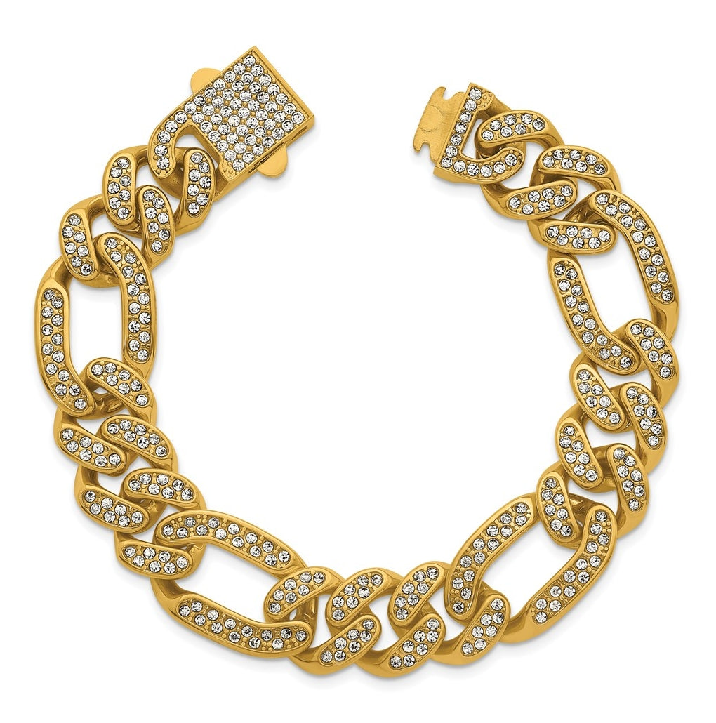 Stainless Steel Polished Yellow IP 16mm Full Crystal Figaro Link Bracelet – Elegant Jewelry Gift for Birthday, Anniversary, Engagement, Wedding