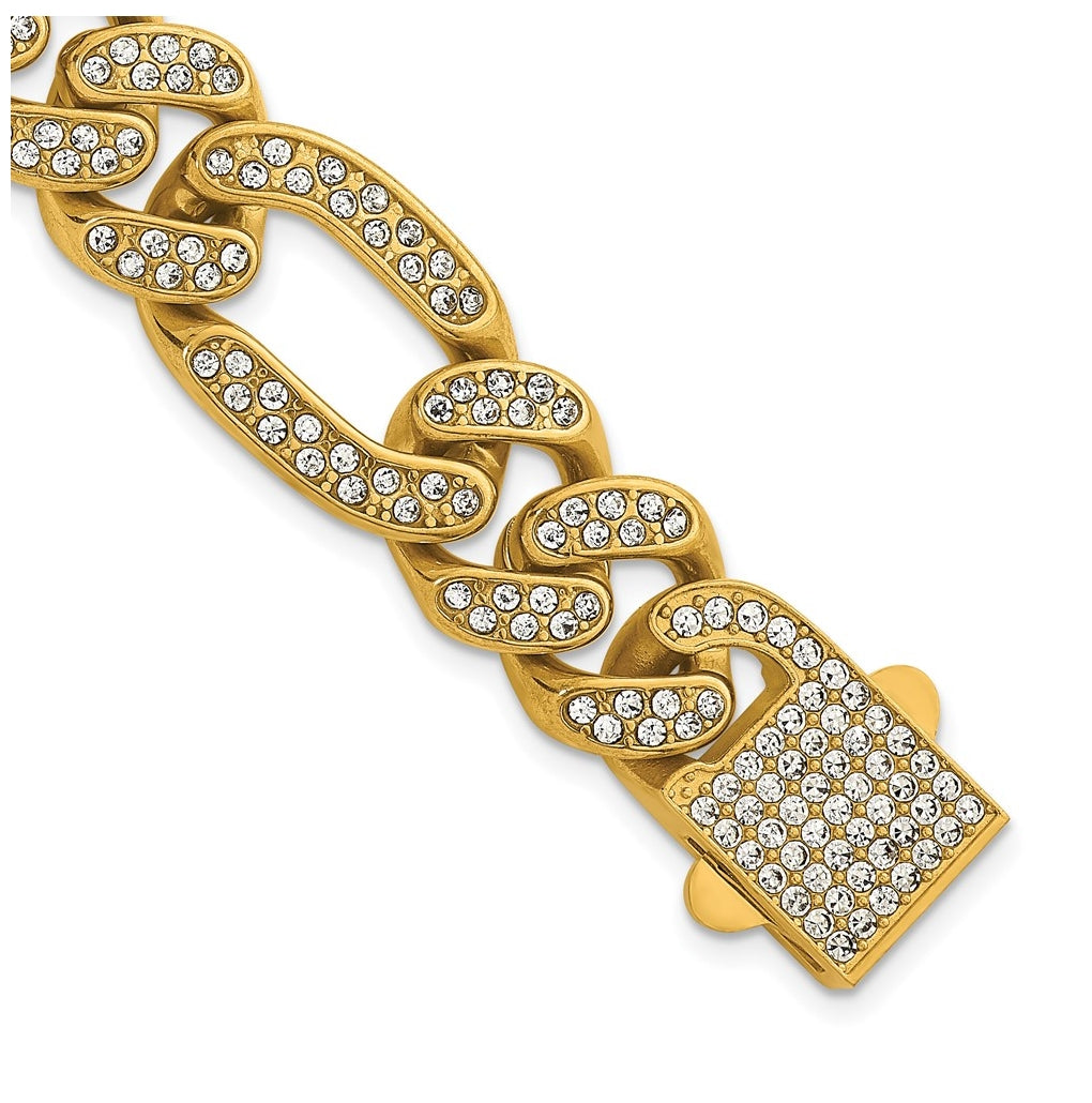 Stainless Steel Polished Yellow IP 16mm Full Crystal Figaro Link Bracelet – Elegant Jewelry Gift for Birthday, Anniversary, Engagement, Wedding