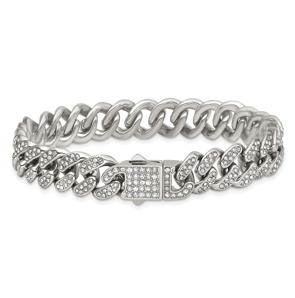 Stainless Steel Polished 11mm Full Crystal Curb Link 8in Bracelet – Elegant Jewelry Gift for Birthday, Anniversary, Engagement, Wedding