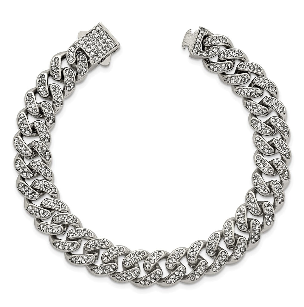 Stainless Steel Polished 11mm Full Crystal Curb Link 8in Bracelet – Elegant Jewelry Gift for Birthday, Anniversary, Engagement, Wedding