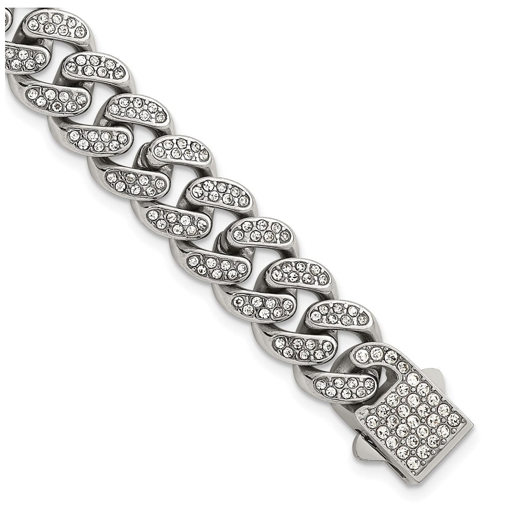 Stainless Steel Polished 11mm Full Crystal Curb Link 8in Bracelet – Elegant Jewelry Gift for Birthday, Anniversary, Engagement, Wedding