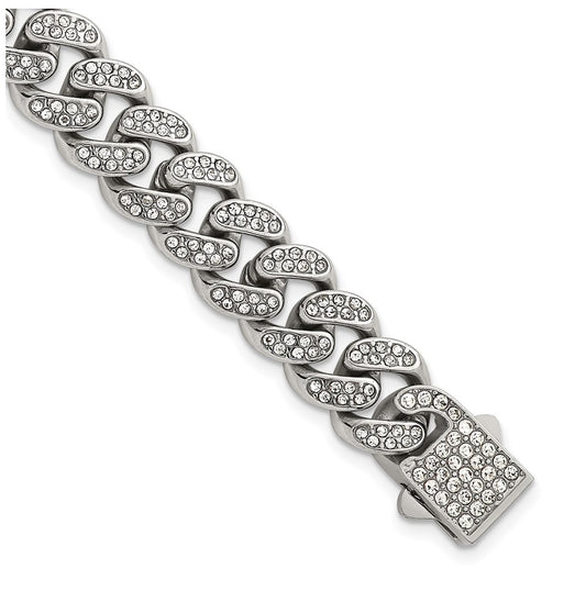 Stainless Steel Polished 11mm Full Crystal Curb Link 8in Bracelet – Elegant Jewelry Gift for Birthday, Anniversary, Engagement, Wedding