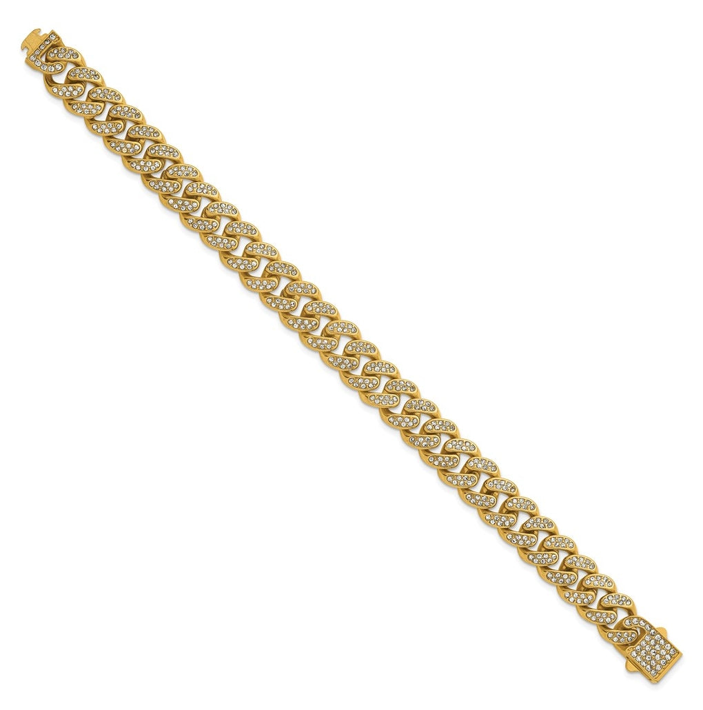Stainless Steel Polished Yellow IP 11mm Full Crystal Curb Link 8in Bracelet – Elegant Jewelry Gift for Birthday, Anniversary, Engagement, Wedding