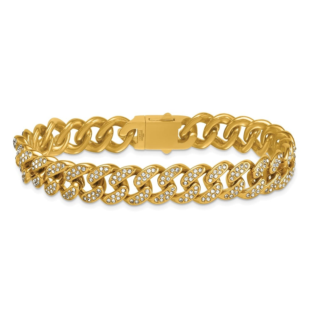 Stainless Steel Polished Yellow IP 11mm Full Crystal Curb Link 8in Bracelet – Elegant Jewelry Gift for Birthday, Anniversary, Engagement, Wedding