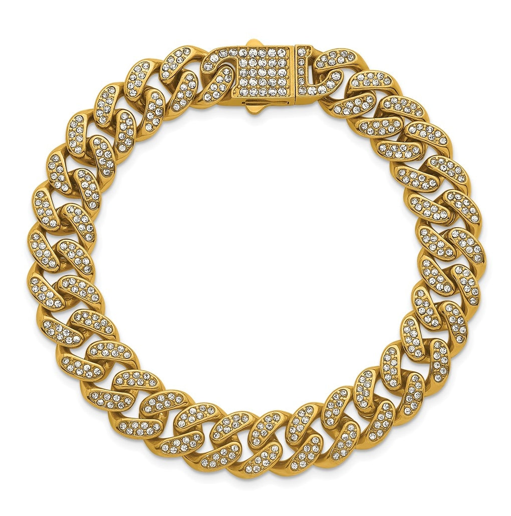 Stainless Steel Polished Yellow IP 11mm Full Crystal Curb Link 8in Bracelet – Elegant Jewelry Gift for Birthday, Anniversary, Engagement, Wedding