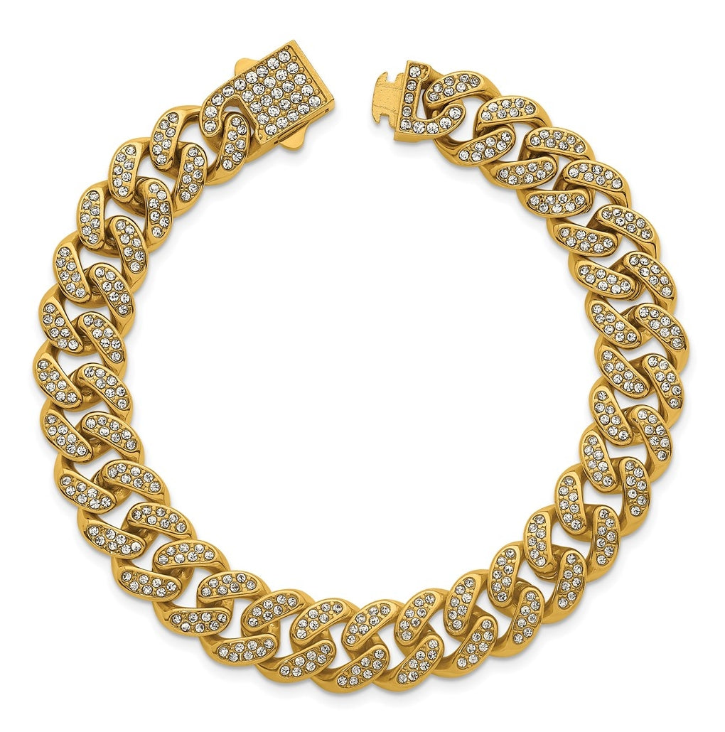 Stainless Steel Polished Yellow IP 11mm Full Crystal Curb Link 8in Bracelet – Elegant Jewelry Gift for Birthday, Anniversary, Engagement, Wedding