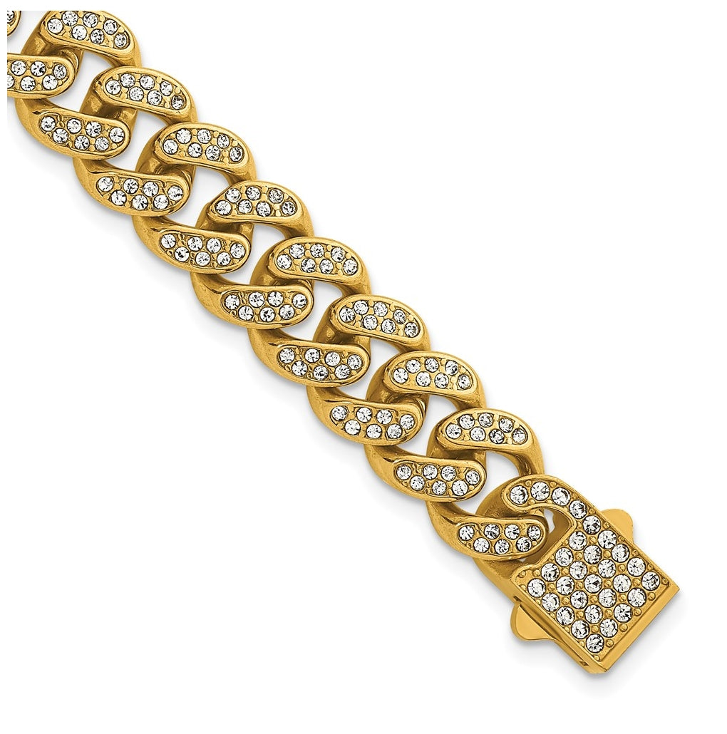 Stainless Steel Polished Yellow IP 11mm Full Crystal Curb Link 8in Bracelet – Elegant Jewelry Gift for Birthday, Anniversary, Engagement, Wedding