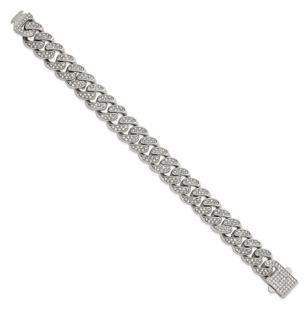 Stainless Steel Polished 15mm Full Crystal Curb Link 8.5in Bracelet – Elegant Jewelry Gift for Birthday, Anniversary, Engagement, Wedding