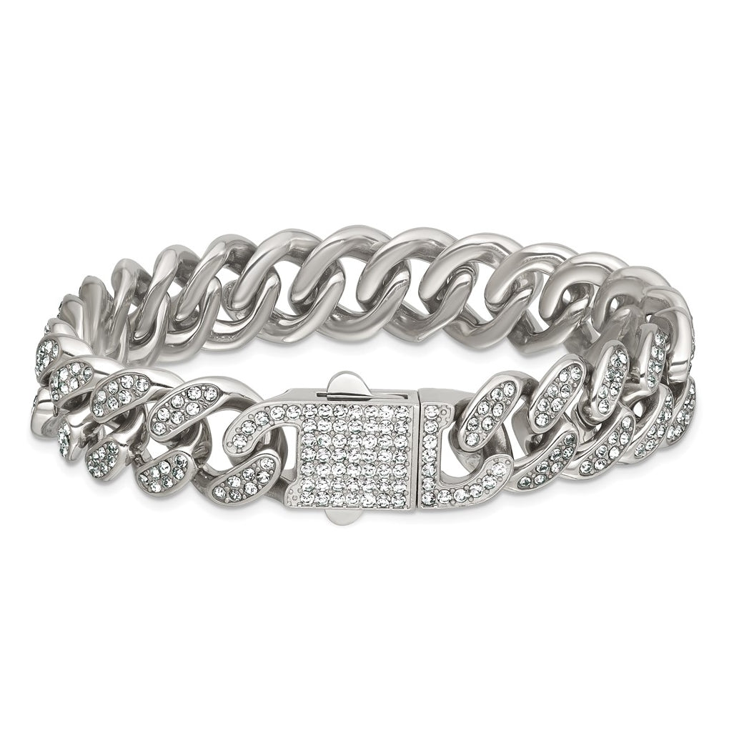 Stainless Steel Polished 15mm Full Crystal Curb Link 8.5in Bracelet – Elegant Jewelry Gift for Birthday, Anniversary, Engagement, Wedding