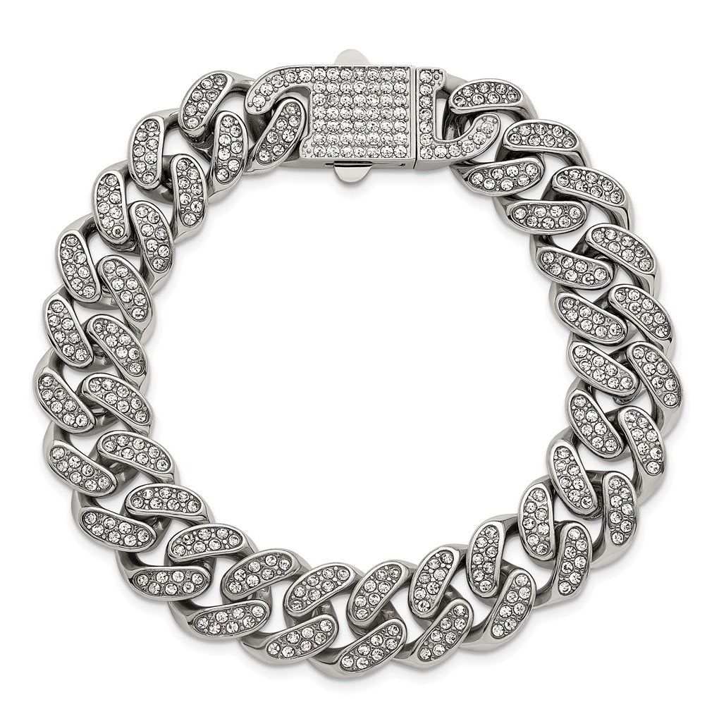 Stainless Steel Polished 15mm Full Crystal Curb Link 8.5in Bracelet – Elegant Jewelry Gift for Birthday, Anniversary, Engagement, Wedding