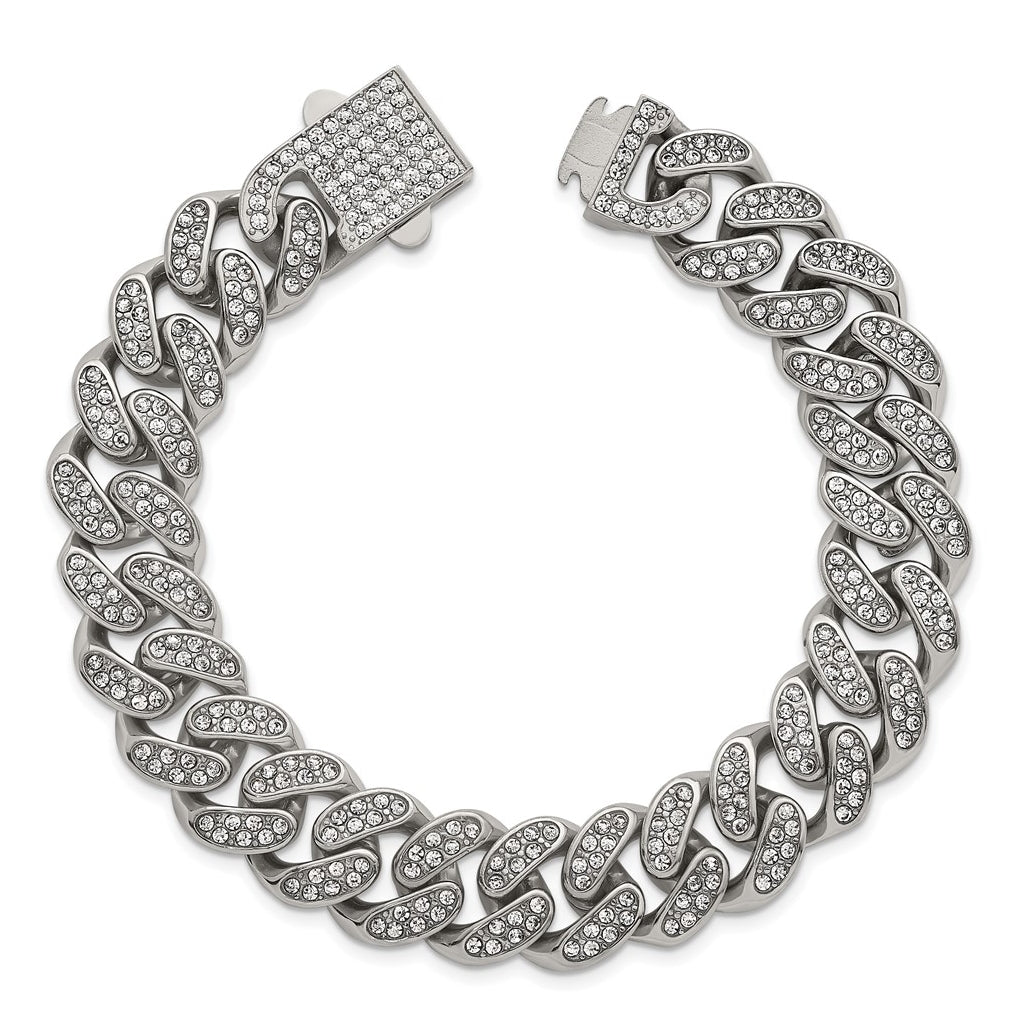 Stainless Steel Polished 15mm Full Crystal Curb Link 8.5in Bracelet – Elegant Jewelry Gift for Birthday, Anniversary, Engagement, Wedding