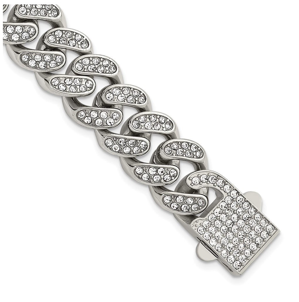 Stainless Steel Polished 15mm Full Crystal Curb Link 8.5in Bracelet – Elegant Jewelry Gift for Birthday, Anniversary, Engagement, Wedding