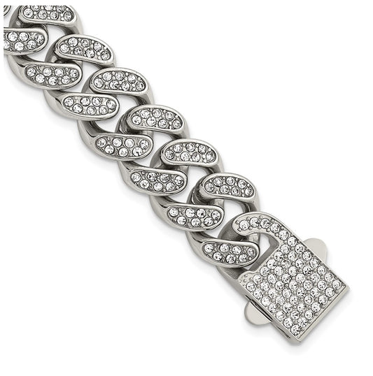 Stainless Steel Polished 15mm Full Crystal Curb Link 8.5in Bracelet – Elegant Jewelry Gift for Birthday, Anniversary, Engagement, Wedding