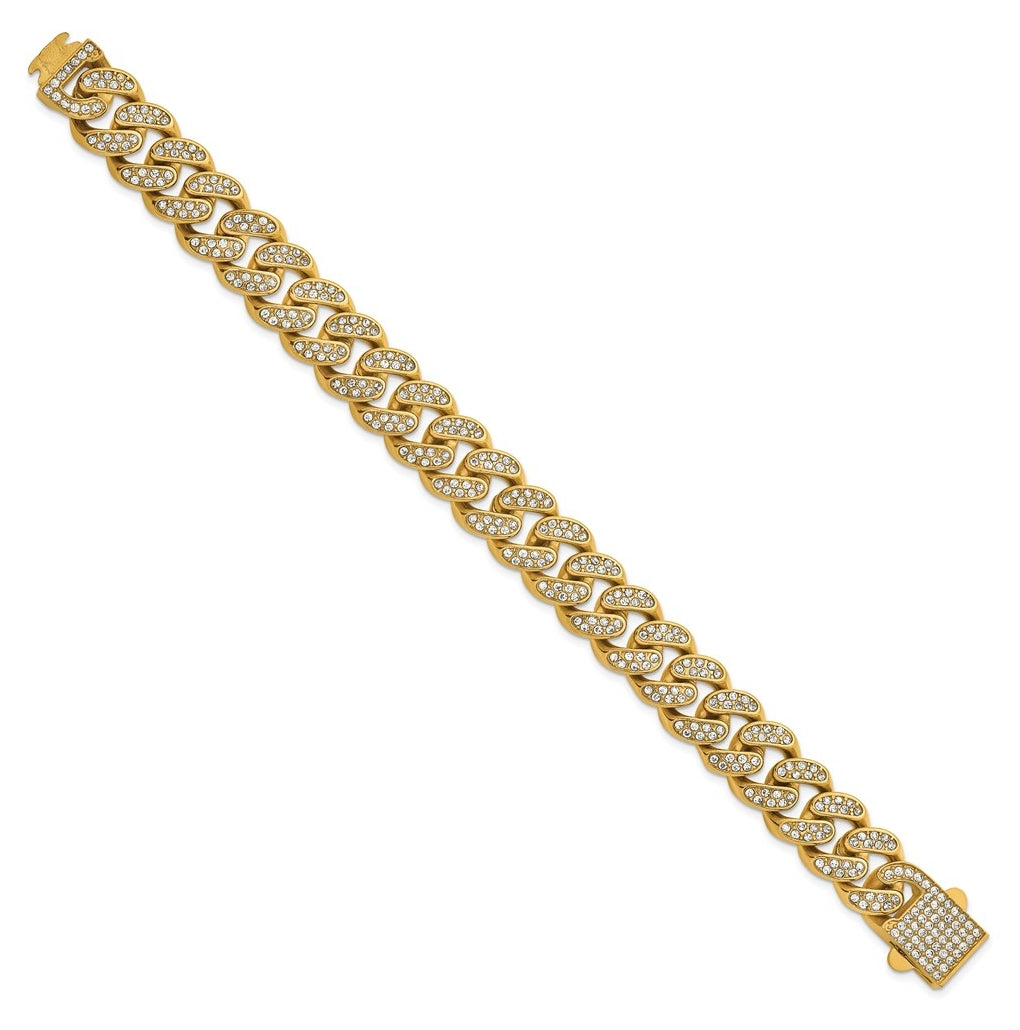 Stainless Steel Polished Yellow IP 15mm Full Crystal Curb Link Bracelet – Elegant Jewelry Gift for Birthday, Anniversary, Engagement, Wedding