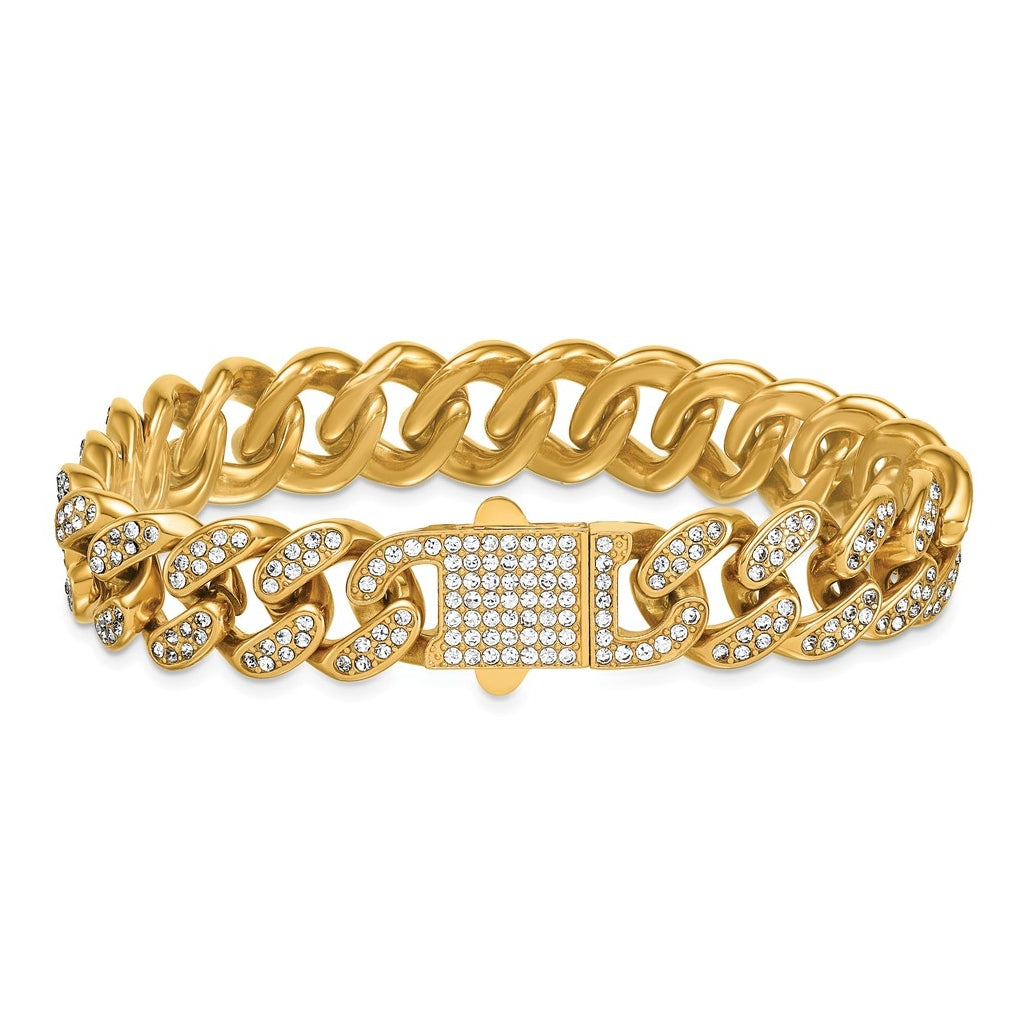 Stainless Steel Polished Yellow IP 15mm Full Crystal Curb Link Bracelet – Elegant Jewelry Gift for Birthday, Anniversary, Engagement, Wedding